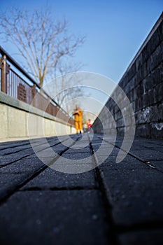 The monk walking on the road photo